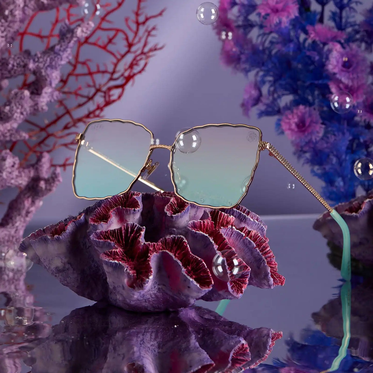 ARIEL 2.0 - SHIMMERING GOLD + IRIDESCENT SEA FOAM TO BLUE GRADIENT SUNGLASSES