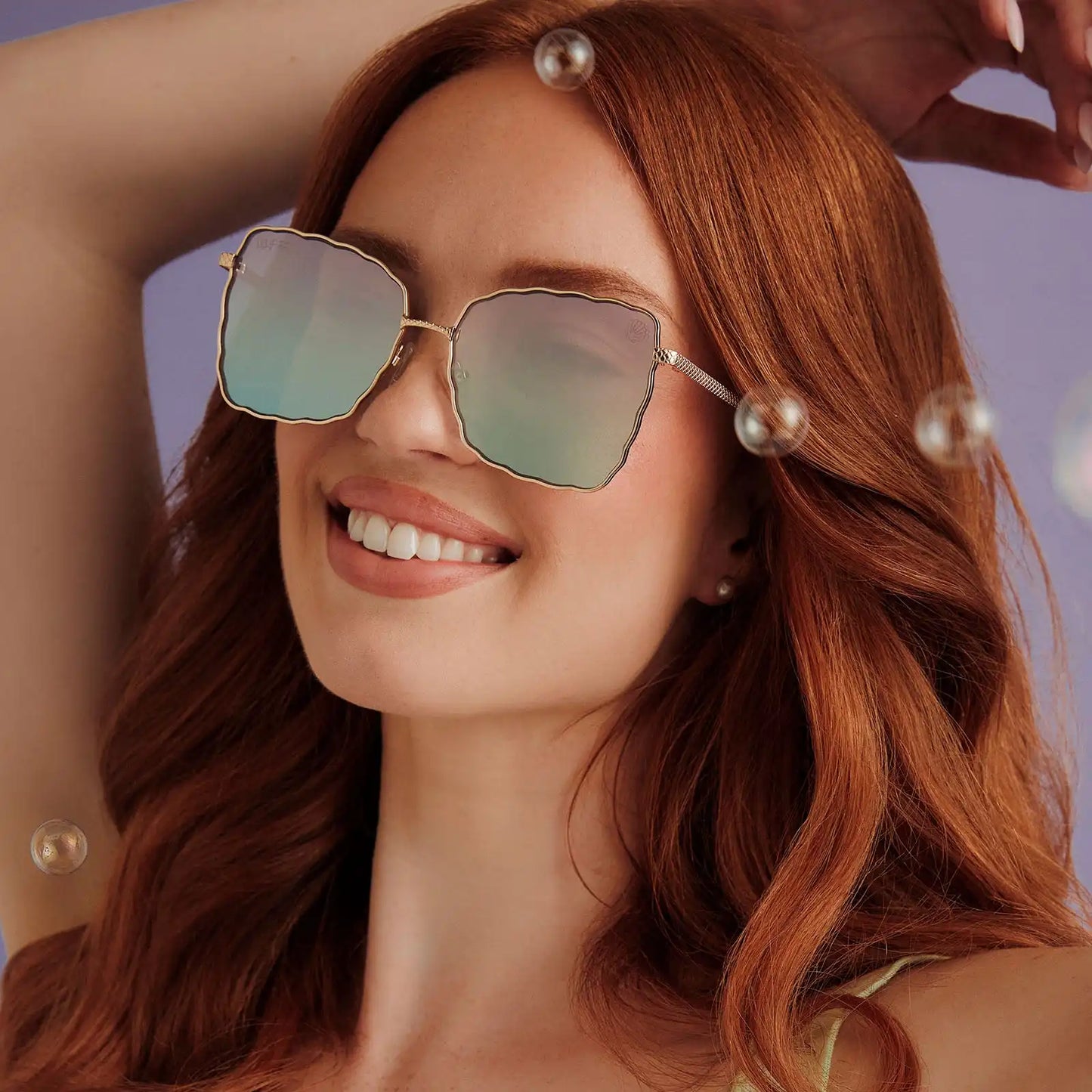 ARIEL 2.0 - SHIMMERING GOLD + IRIDESCENT SEA FOAM TO BLUE GRADIENT SUNGLASSES