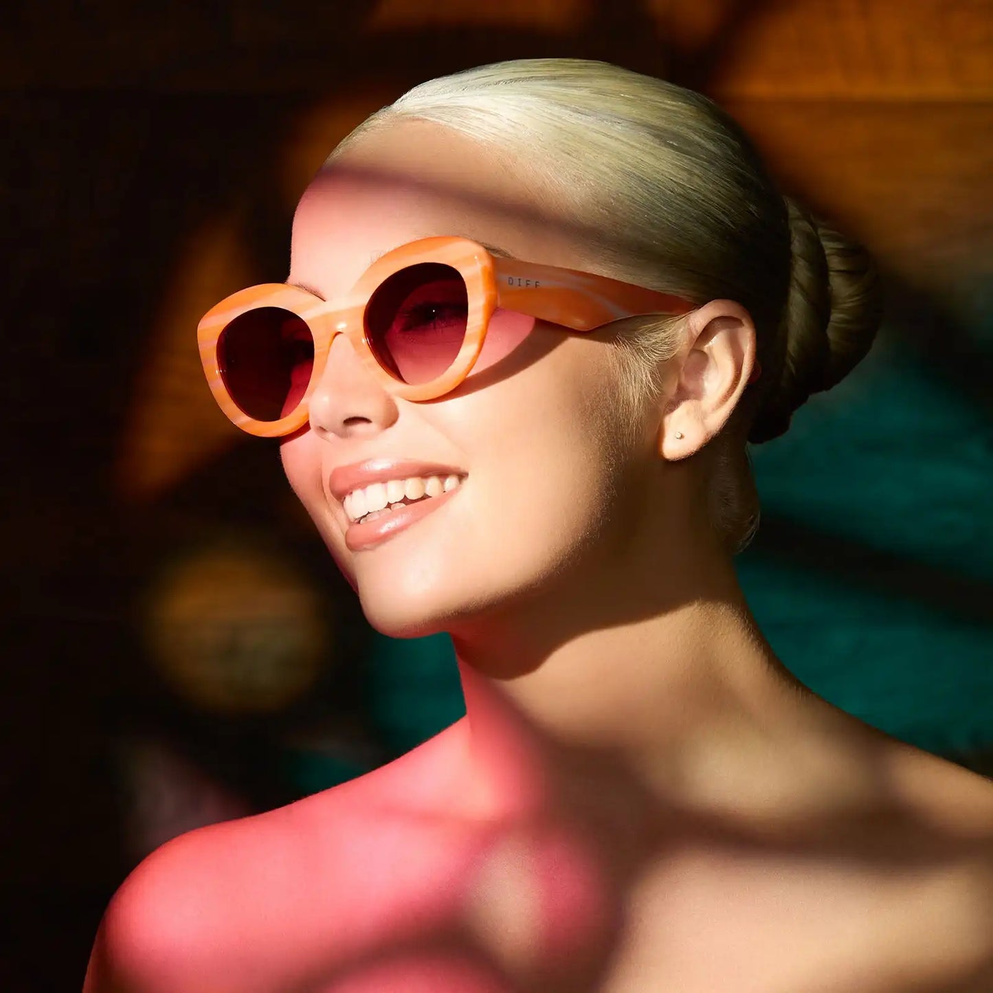 ENID SINCLAIR - ENIDS PINK + ORANGE STRIPE SWEATER + ROSY HIGHLIGHT SUNGLASSES