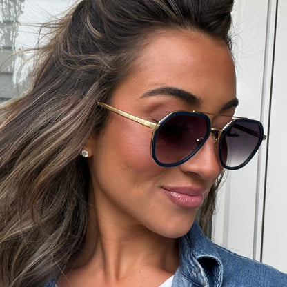 JOEY - CLUBHOUSE BLUE + BRUSHED GOLD METAL + GREY GRADIENT SUNGLASSES